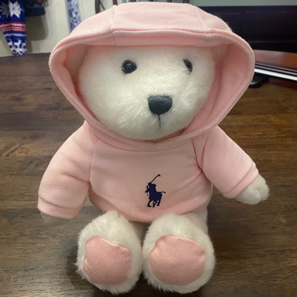 Ralph Lauren Romance Teddy Bear White Plush Pink Hoodie Polo Pony Collectible